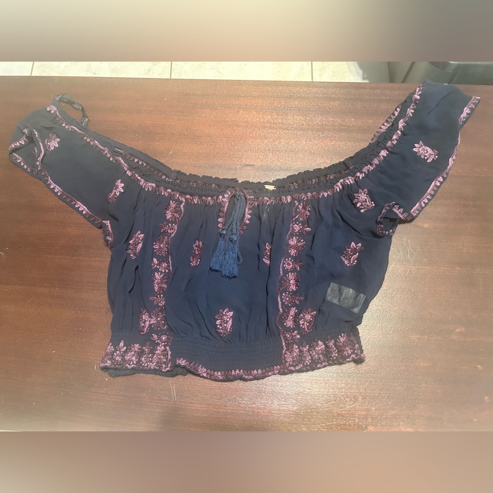 Free People Dark Blue and Pink Embroidered Top